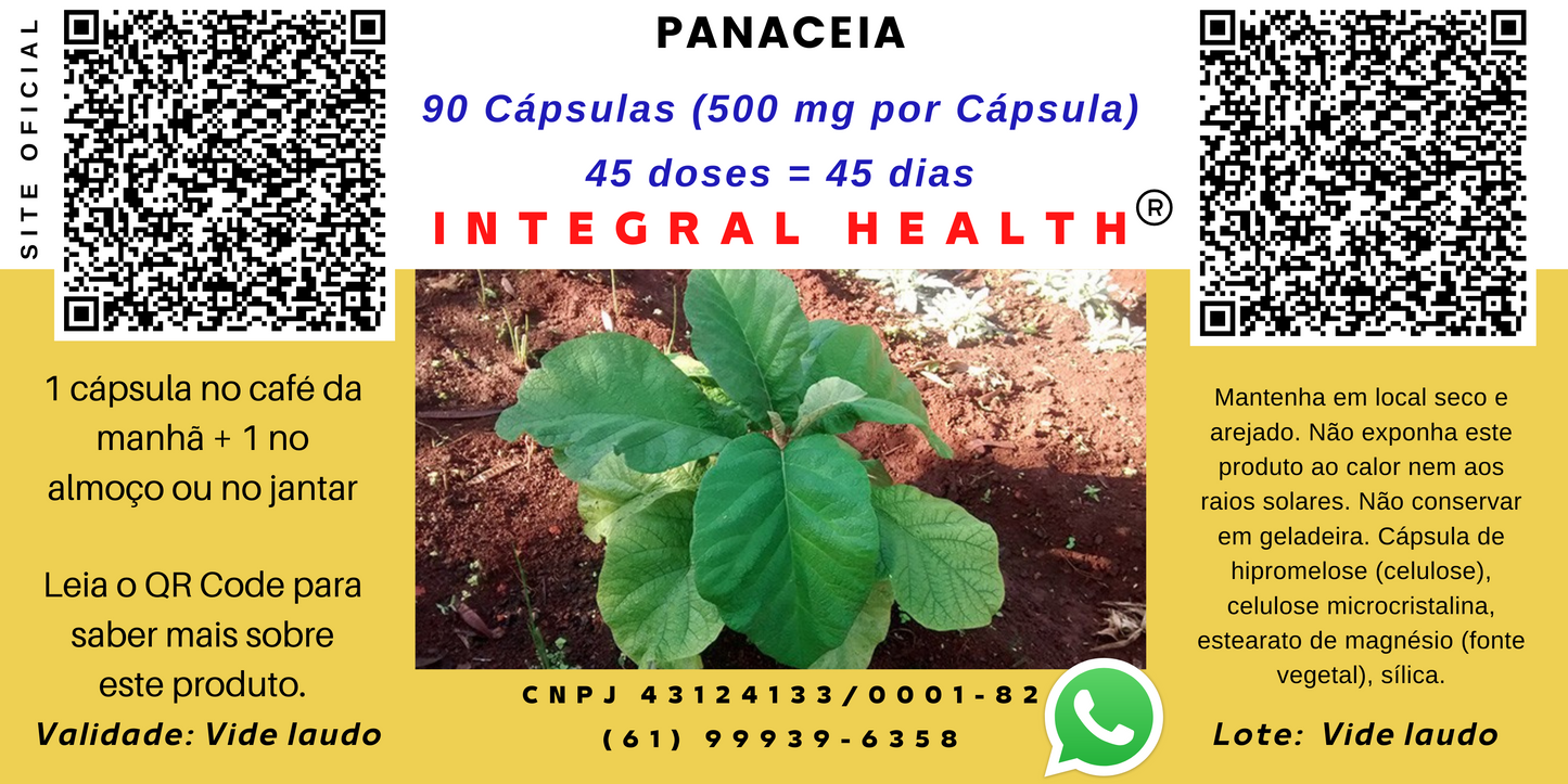PANACEIA (frasco com 90 cápsulas) - Arritmia, urticária, eczemas, psoríase, dermatite, desconforto gástrico, lesões hepáticas, úlceras, antitumoral, diurético, depurativo, gonorreia, próstata, câncer de mama etc.