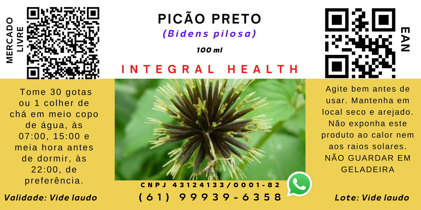 Picão Preto, 200 ml - Fígado (Hepatite B e Esteatoses medicamentosa e alcoólica), Gastrite, Refluxo, Intestino irritável, Mal de Crohn, Estimuladora de colágeno, Beleza, Rejuvenescimento e mais de 30 doenças.