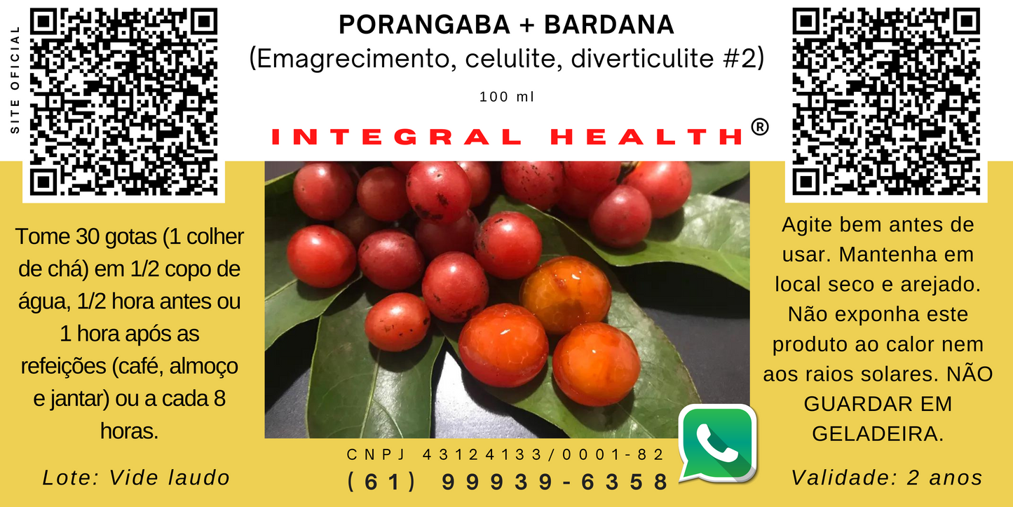 Emagrecimento, Celulite, Diverticulite #2, 200 ml (2 vidros de 100 ml em vidro âmbar) - Porangaba + Bardana