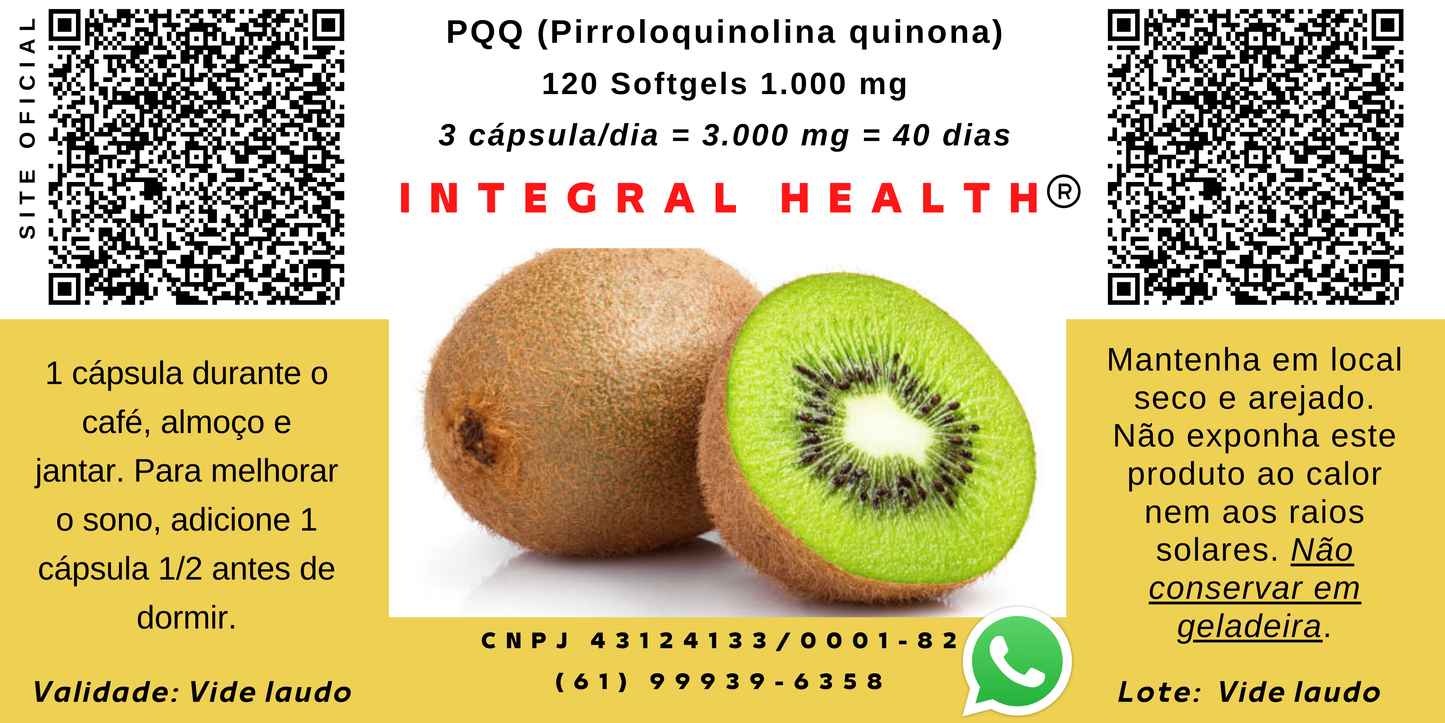 PQQ Mitocondrial Integral Health - 3000mg 120 Cápsulas - Multiplicador de mitocôndrias, Cofator redox, incremento do processo de transferência de elétrons nas células, ideal para melhorar níveis de energia celular e bem-estar geral.