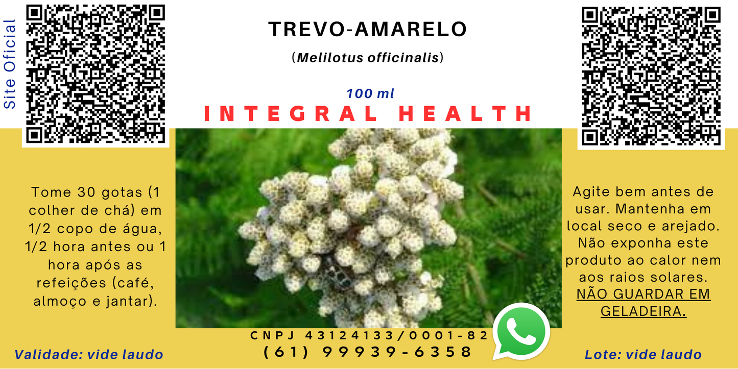 Trevo-amarelo (Melilotus officinalis), 200 ml (2 frascos de 100 ml em vidro âmbar) - Ação venotonica e circulatória, Redução de Inchaços (antiedematoso), Varizes e Hemorroidas, Câimbras, Estímulo linfático etc.