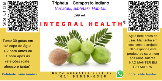 Triphala Indiano, 200 ml (2 frascos de 100 ml em vidro âmbar) - Amla, Behada e Harada