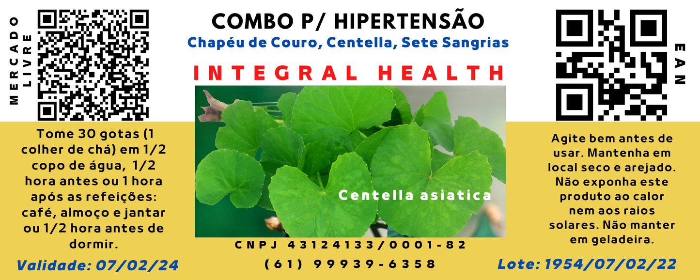 Hipertensão #1, 200 ml (2 frascos de 100 ml em vidro âmbar) - 7 Sangrias, Chapéu de Couro, Centella asiatica