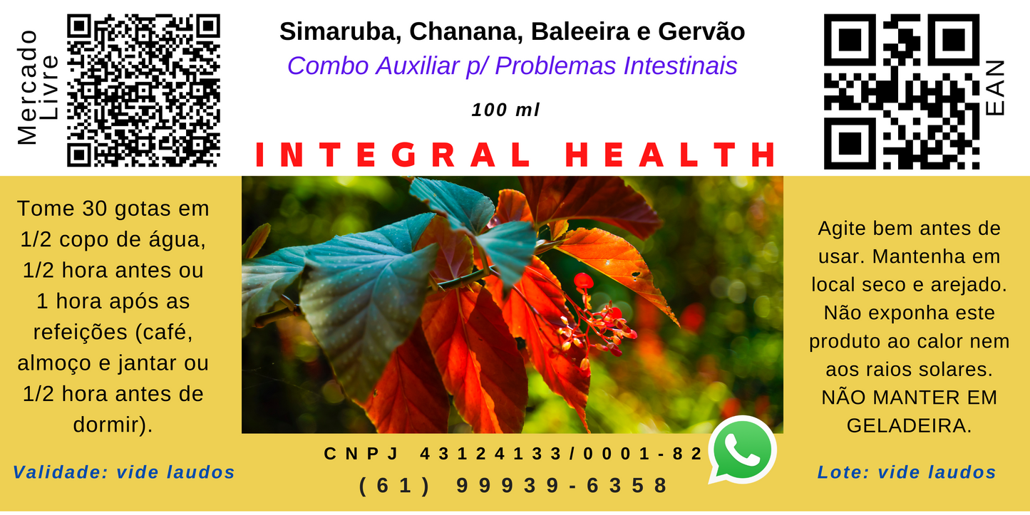 Problemas Digestórios, 200 ml (2 frascos de 100 ml em vidro âmbar) - Intestino irritável, Crohn, Pólipos, Vermes, Colites, Refluxo, Úlceras, Hemorroidas, H. pylori, Indigestão, Constipação, Pancreatite etc. - Simarouba, Chanana, Erva Baleeira, Gervão