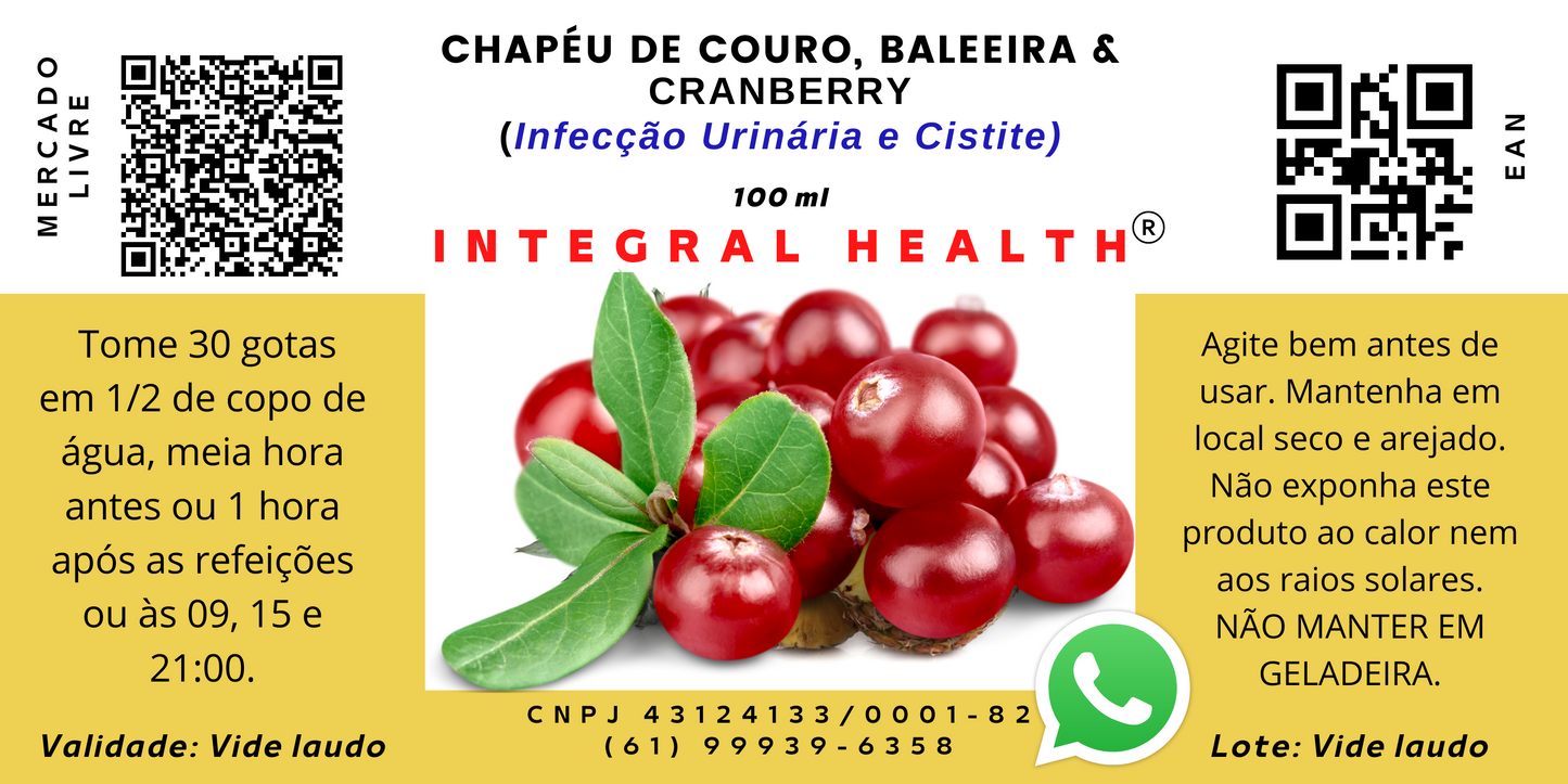 Incontinência, infecção urinária, H. Pylori, 200 ml (2 frascos de 100 ml em vidro âmbar) - Chapéu de couro & Cranberry