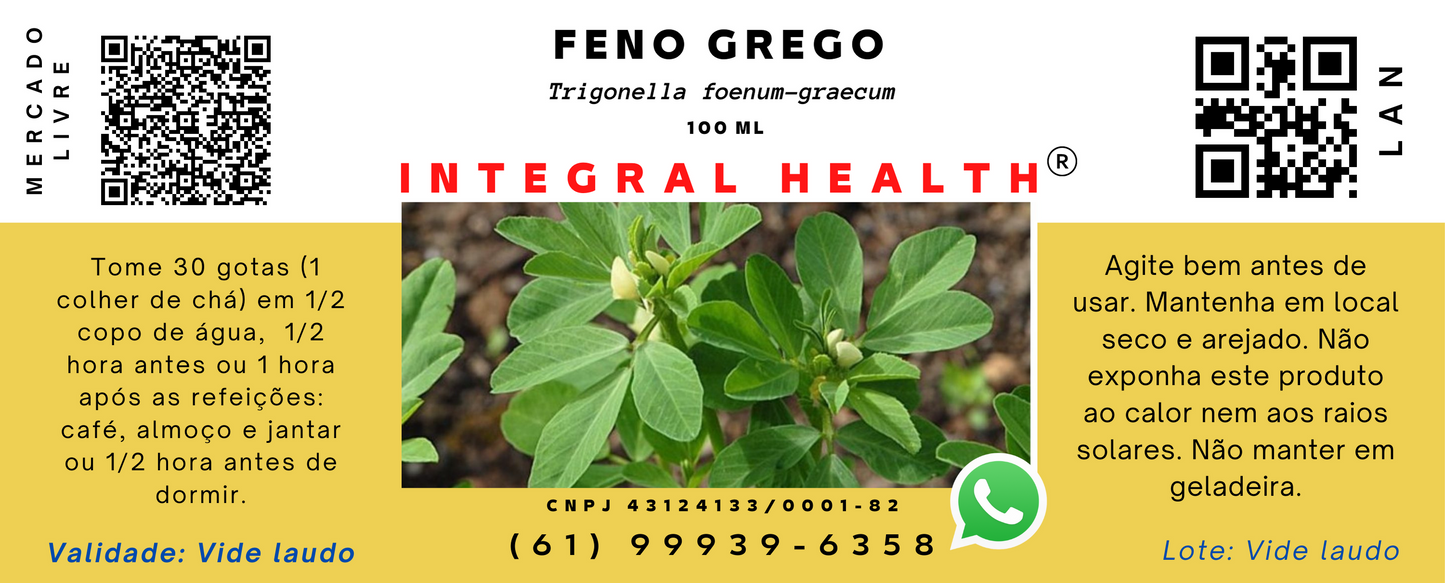 Feno Grego (Equilíbrio Hormonal, Libido, Testosterona) 200 ml (2 frascos de 100 ml em vidro âmbar)